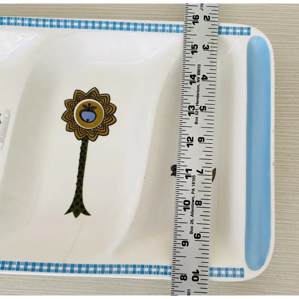 Vintage MCM Divided Tray Platter Blue Ivory Tree Sun Chicken *see flaws In Photo